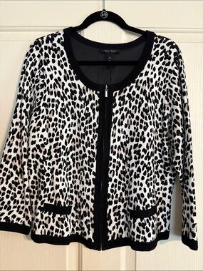 WHBM Animal Print Zip Front Cardigan in Black, White & Taupe